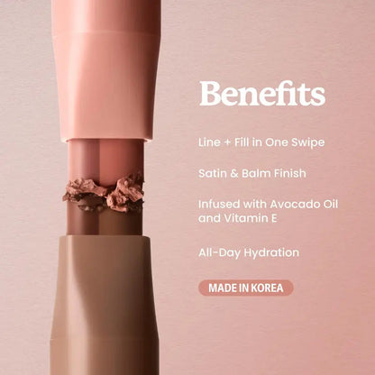 DoubleColor Lip Definer - 2-in-1 Lip Liner & Balm, Long-Lasting K-Beauty Lipstick with Satin Finish, Avocado Oil & Vitamin E