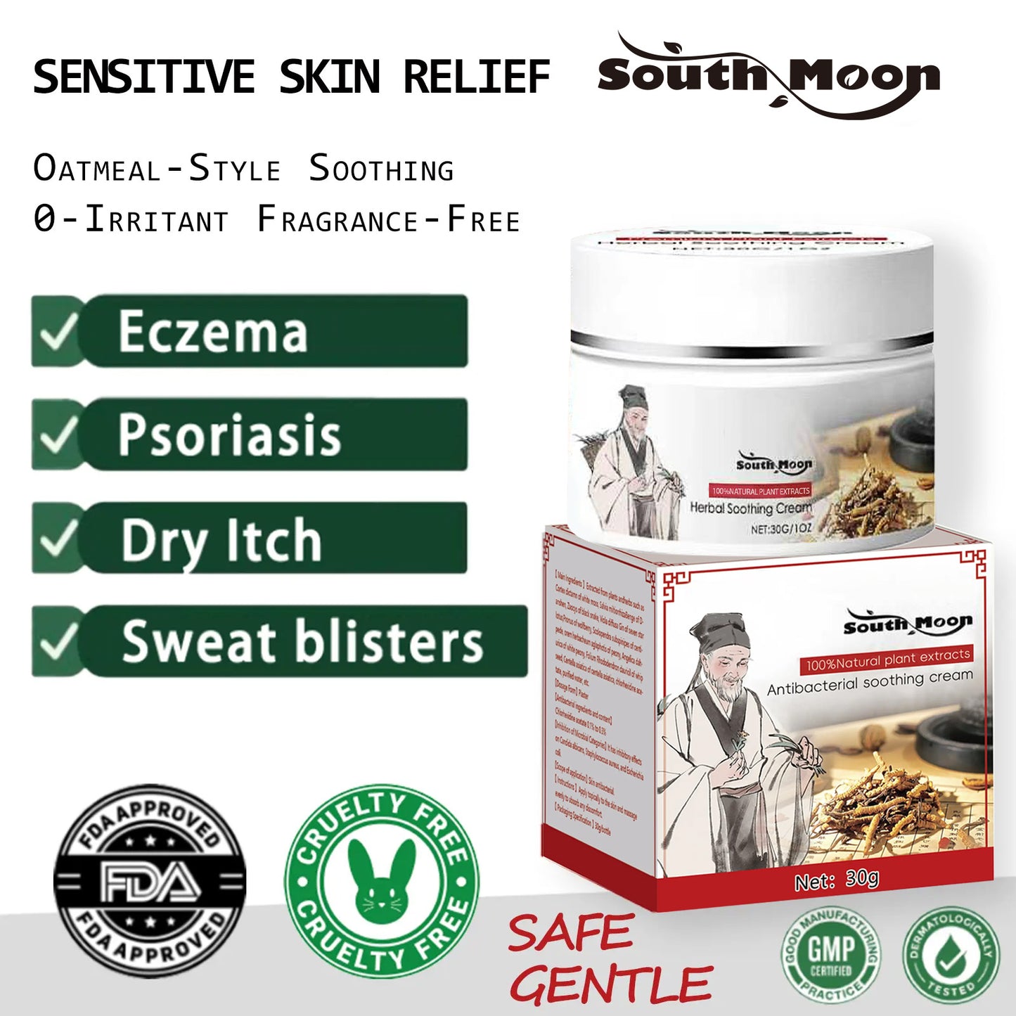 South Moon® Sensitive Skin Relief Cream– Fast Relief from Eczema Blisters & Dry Itchy Skin with Oatmeal-Style Soothing Zero-Irritant Fragrance-Free – 30 g